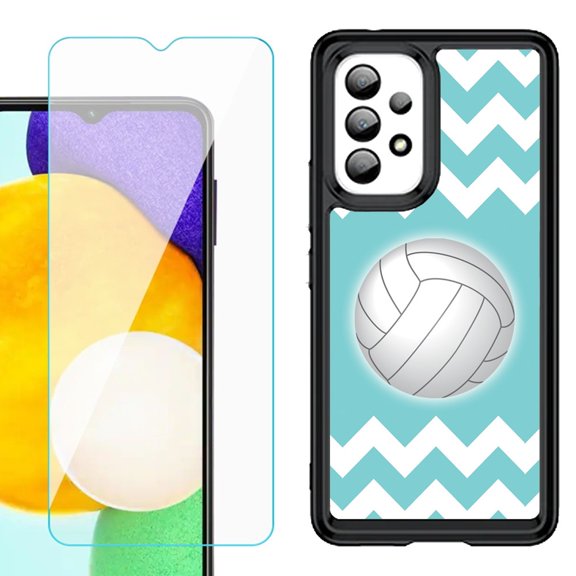 Shockproof Bumper (Black Frame) phone Case for Samsung Galaxy A23 5G, with Tempered Glass Screen Protector, by OneToughShield ® - Chevron/Volleyball