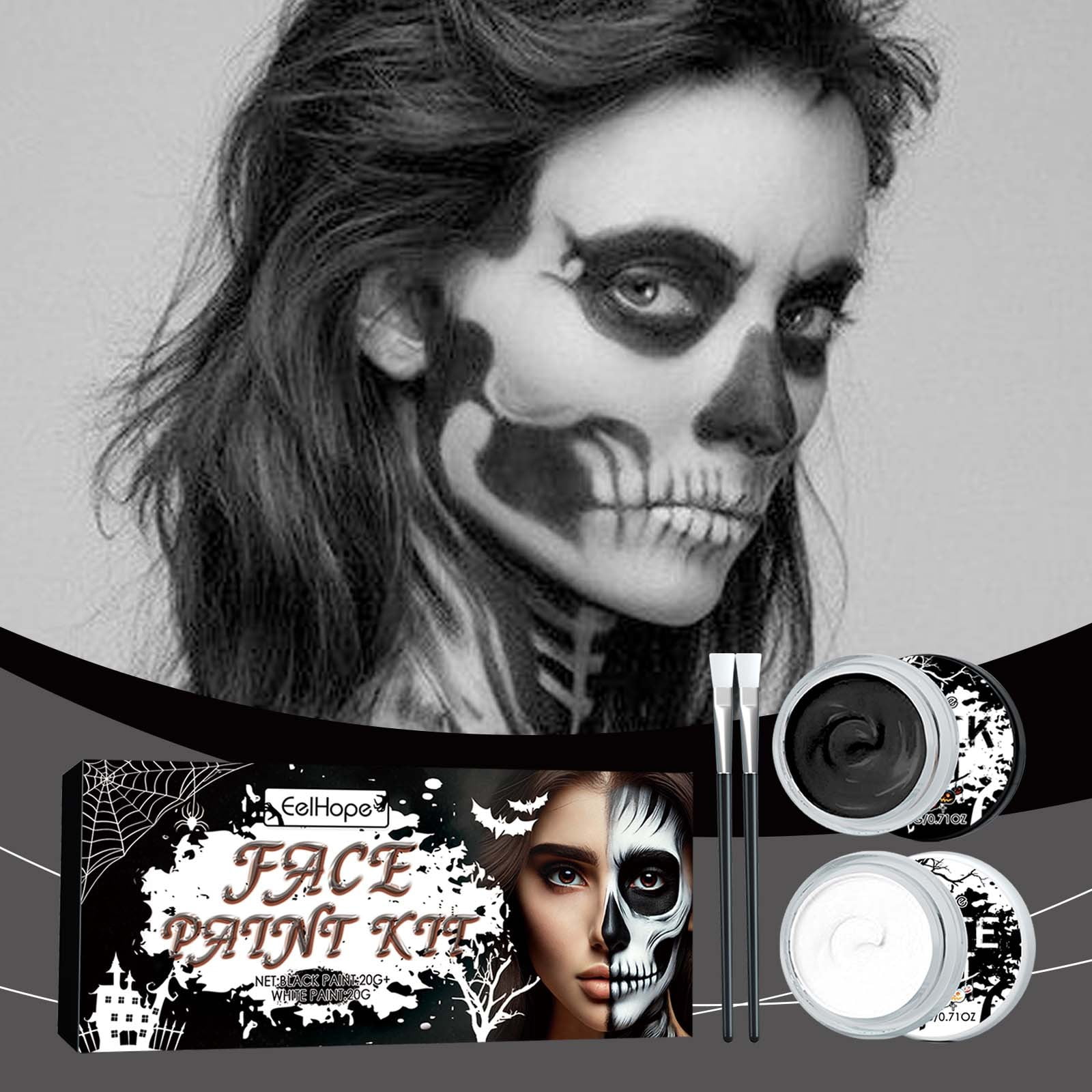Maquillage Halloween Blanc Professionnel 50g - Pour Visage Et Corps - Enfant Et Adulte - Kit Pinceau - 2