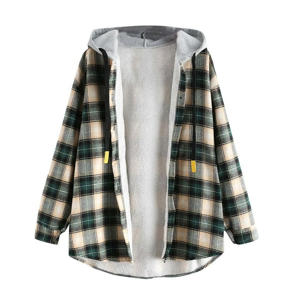 LEAVINGSUO Hooded Sweaters for Women,Women's Casual Long Sleeve Plaid Buttoned Curved Hem Hooded Warm Coat Jacket
