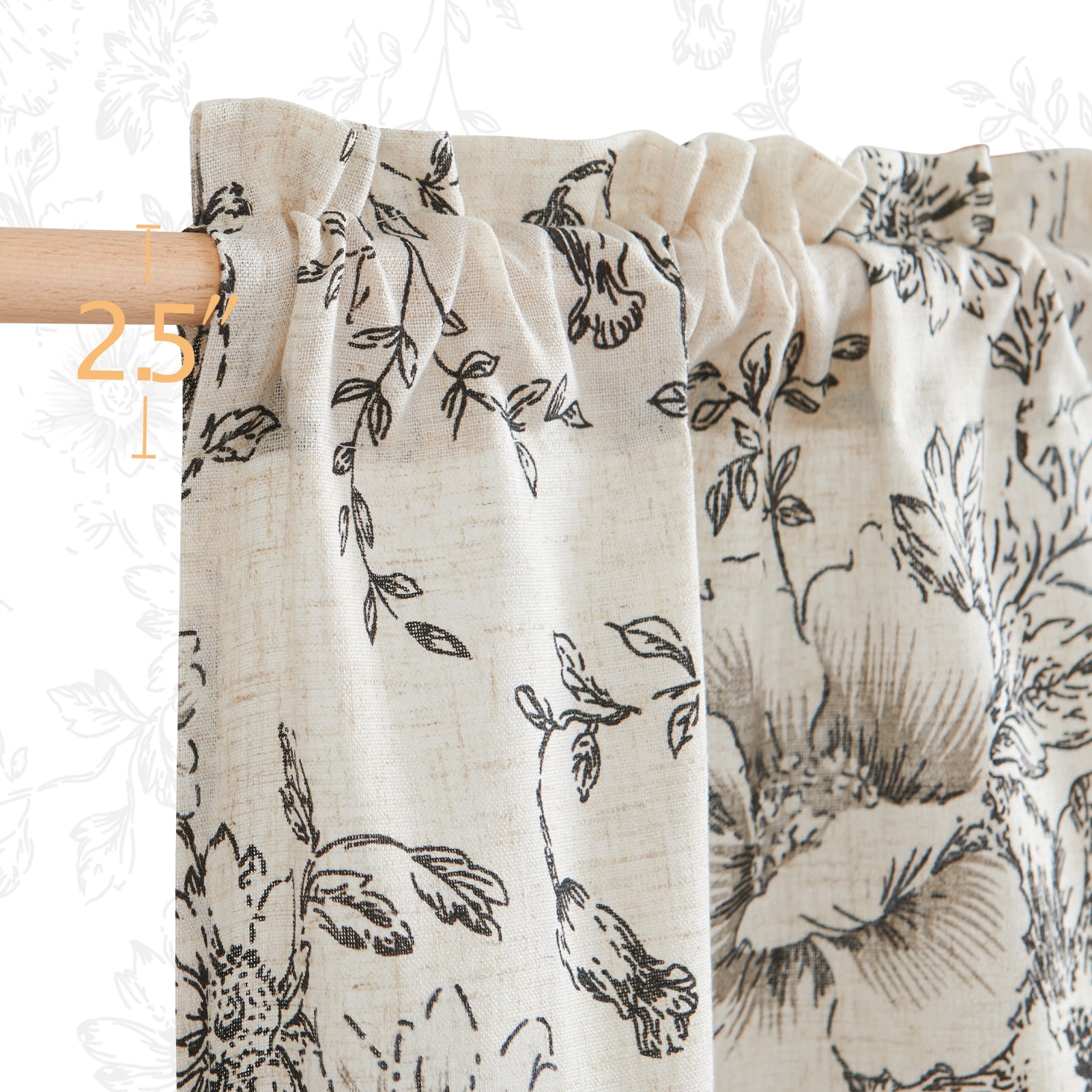 Curtainking Linen Kitchen Curtains Floral Cafe Curtains 26x45 inch Farmhouse Cafe Curtains for Living Room 2 Panels Black