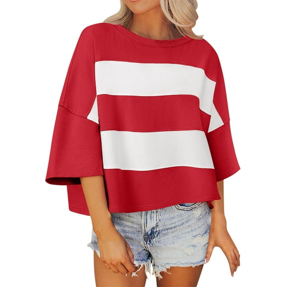 Jalioing T Shirt for Women Trendy Half Sleeve Dropped Shoulder Striped Tee Oversized Casual Crew Neck Tops