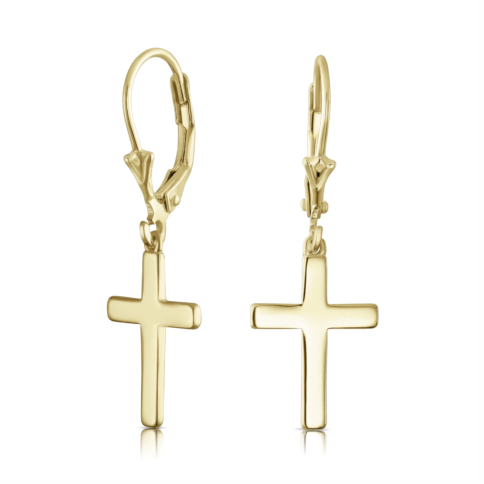 High Polished Gold Plated 14K Unisex Smooth Cross Charm Earrings Two-tone Tassel Cross Lever Back Dangle Earring