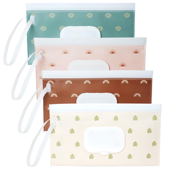 4 Pack Wipes Dispenser, ON The GO,  Portable Baby Wipe Case, Refillable Baby Wipes Container, Wipe Holder, Keeps Wipes Fresh, Reusable Wet Wipe Pouch for Outdoor Outing, Camping, Hiking.