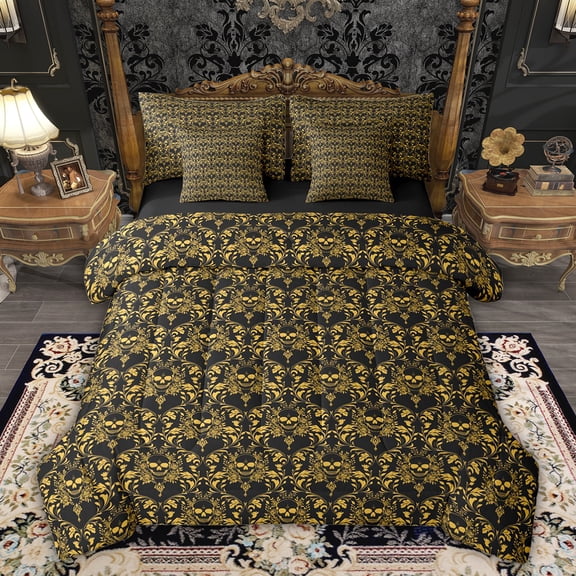 Feelyou Gold Damask Flower Twin Bedding Sets 7pcs, Tribal Gothic Skull Comforter Set