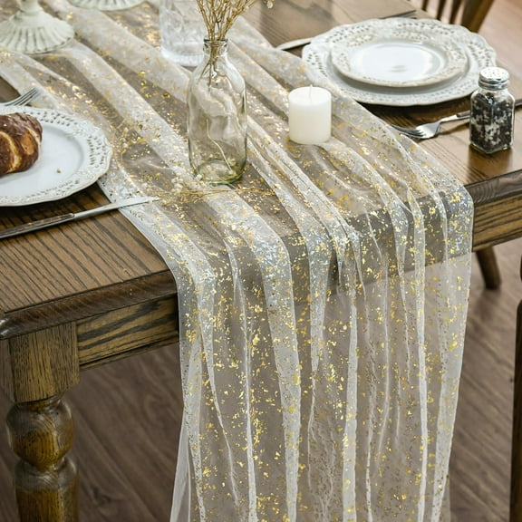 VIXARKO Beige Gold Gauze Table Runner 120 Inch 10FT, Glitter Metallic Foil Sheer Dining Wedding Anniversary Holiday Birthday Table Decor for Home Party