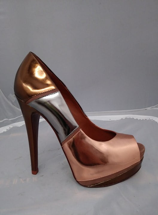 Schutz Sarytta SOR Bronze Silver Rose Gold Metallic Platform Peep Toe Heels 