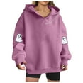 thumbnail image 3 of YOIAVAIOY Womens Halloween Ghost Hoodies Oversized Boyfriend Hooded Sweatshirt Long Sleeve Letter Graphic Pullover Fall Fashion Hoody Tops with Kangaroo Pocket Pink L, 3 of 6