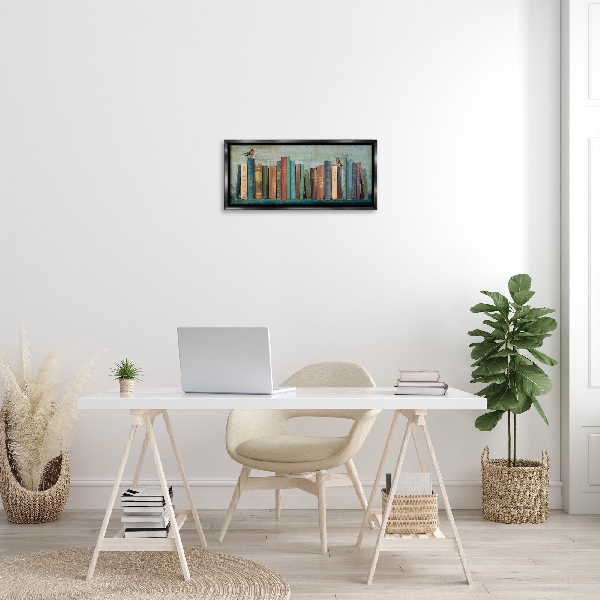 Stupell Industries Books And Birds Bookshelf Painting Animals & Insects Painting Black Floater Framed Canvas Art Print Wall Art, 25 x 11