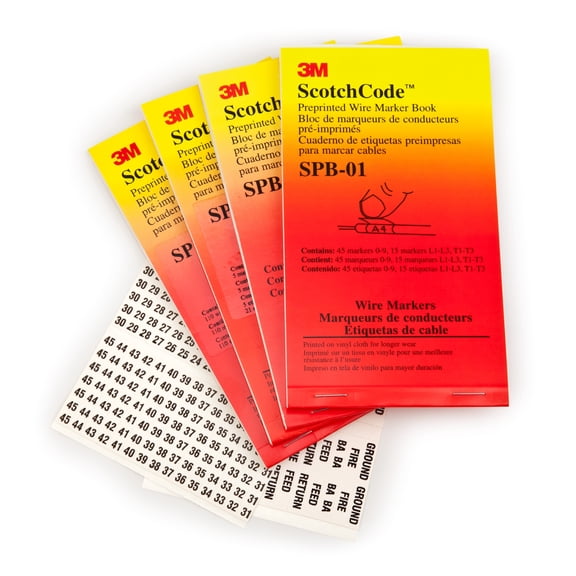 3M ScotchCode Pre-Printed Wire Marker Book SPB-07, black print on a white background highlights the characters