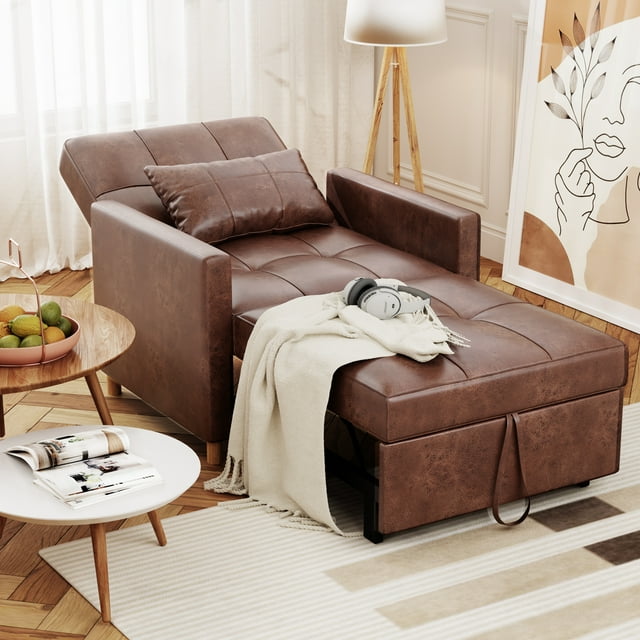 AECOJOY Fauteuil-Lit Convertible 3-en-1 de 31,5 Pouces et Canapé-Lit Futon avec Dossier Réglable et 2 Oreillers - Brun Selle
