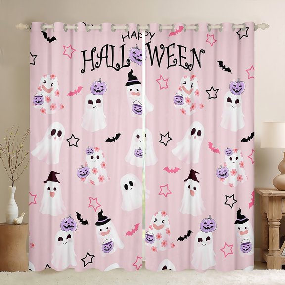 Manfei Halloween Pink Ghost Child Blackout Curtains Set of 2 (52x84 Each), Horror Pumpkin Bat Window Curtains, Dreamy Cartoon Stars Curtains and Drapes, Window Curtains Bedroom Decor