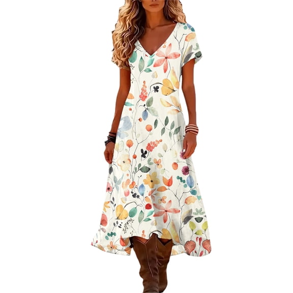 Women's Fashion Vintage Floral Print V Neck Short Sleeve Dress Lightweight Flowy Midi Beach Dress for Summer Casual and Vacation Outings