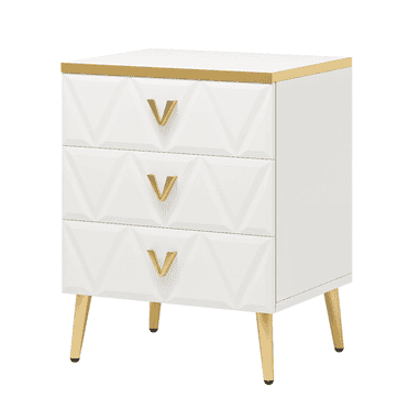 Spaco Modern Nightstands Set of 2, Wooden Bedside Table with 3 Drawers and Solid Metal Legs for Indoor as Home, White Gold