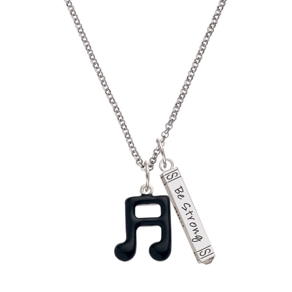 Delight Jewelry Silvertone Black Sixteenth Note Silvertone Be Strong and Courageous Bar Charm Necklace, 23"