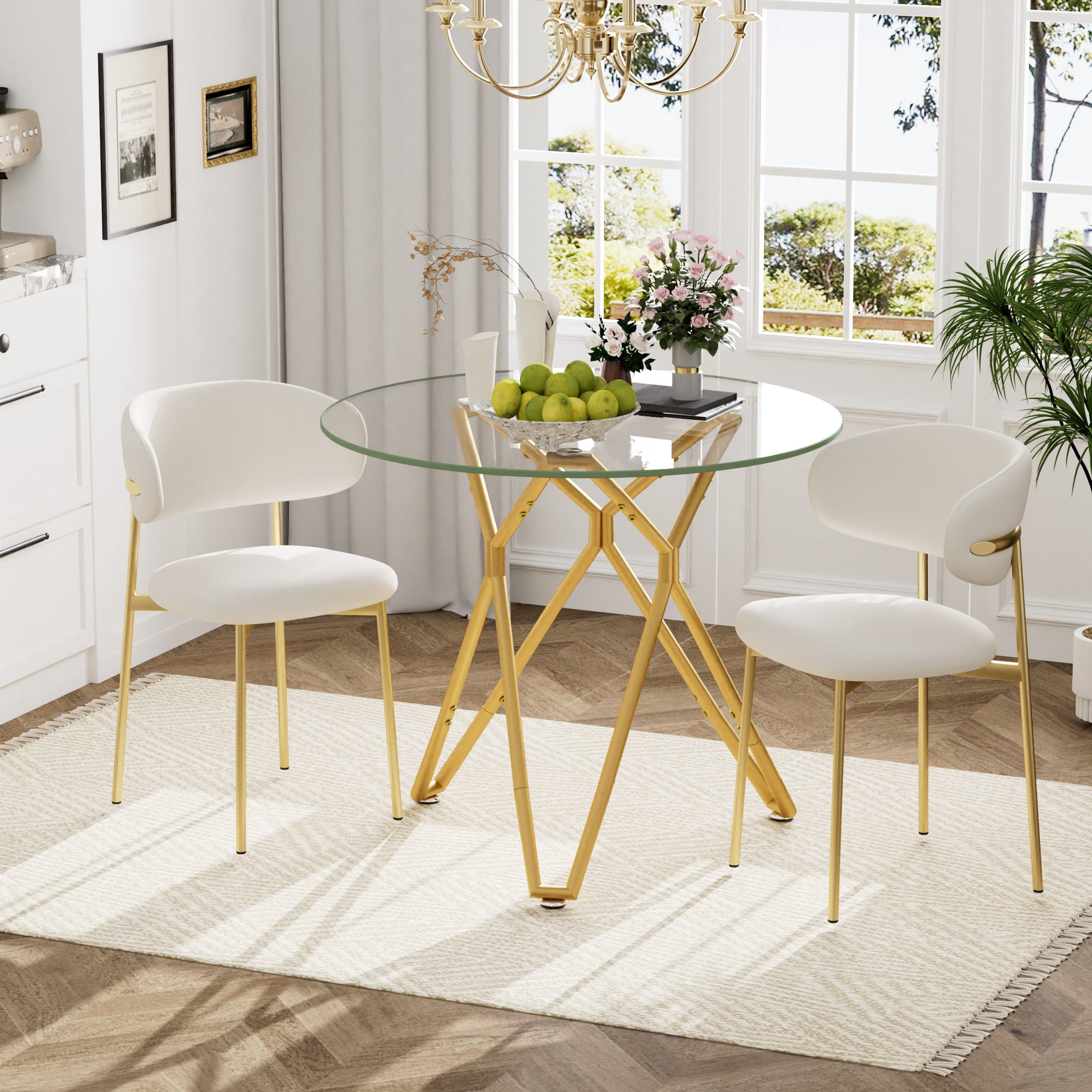 Miniyam 35.4" Round Modern Glass Dining Table with Metal Legs for Dining Room and Office
