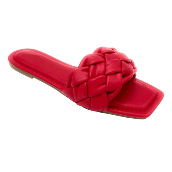 New Women's Braided Quilted Single Band Strap Flat Square Toe Open Slide Sandal