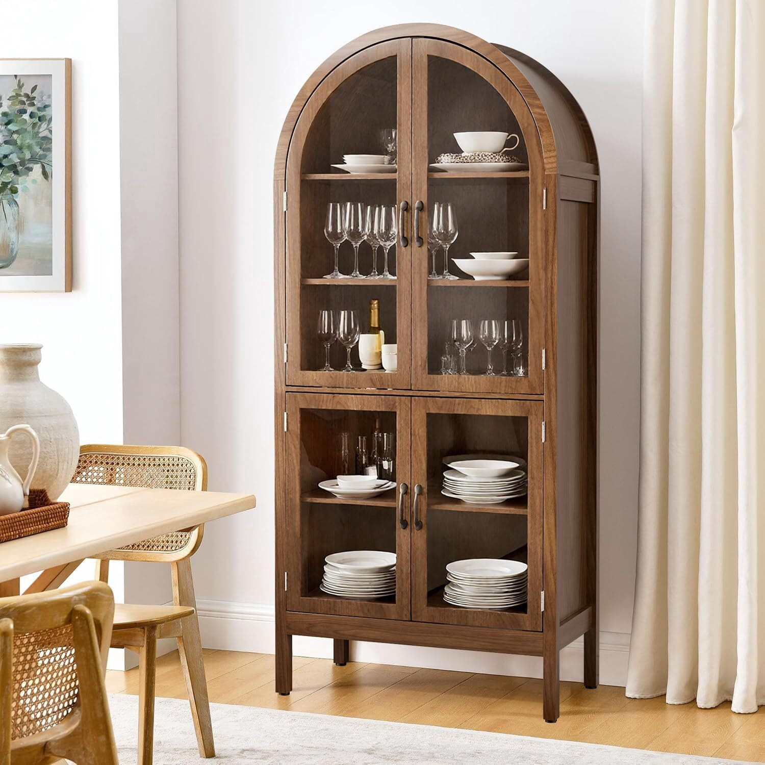 Fsbecl Tall Arched Display Cabinet with Acrylic Glass Doors, Pantry Storage Cabinet for Living Dining Room, Walnut