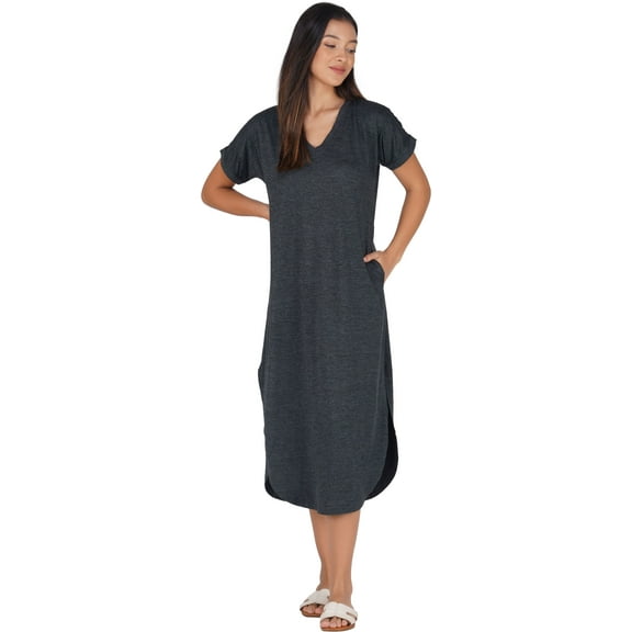 Stylore Women's Nightshirt Short Sleeve Nightgown V-Neck Sleepwear Black L