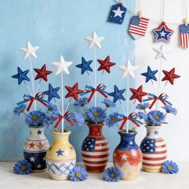 Decoración de ramas con estrellas de espuma para el Día de la Independencia | Esquejes patrióticos enchufables para jarrón | Decoración navideña para interiores y exteriores
