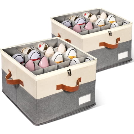 2 Pack Shoe Organizer for Closet Adjustable Shoe Box Storage Containers Large Foldable Shoe Bins with Clear Cover Space Saving Shoes Holder with 4 Handles Fits 16-32 Pairs Beige