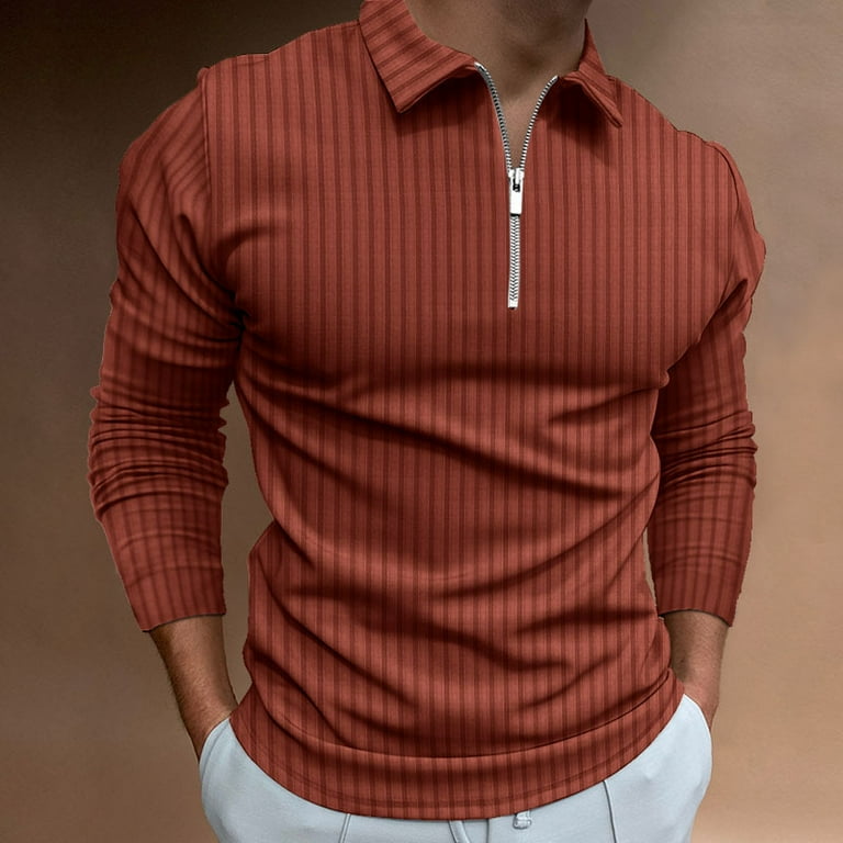 Men s Solid Color Zipper Striped Polo Shirt Business Casual Long