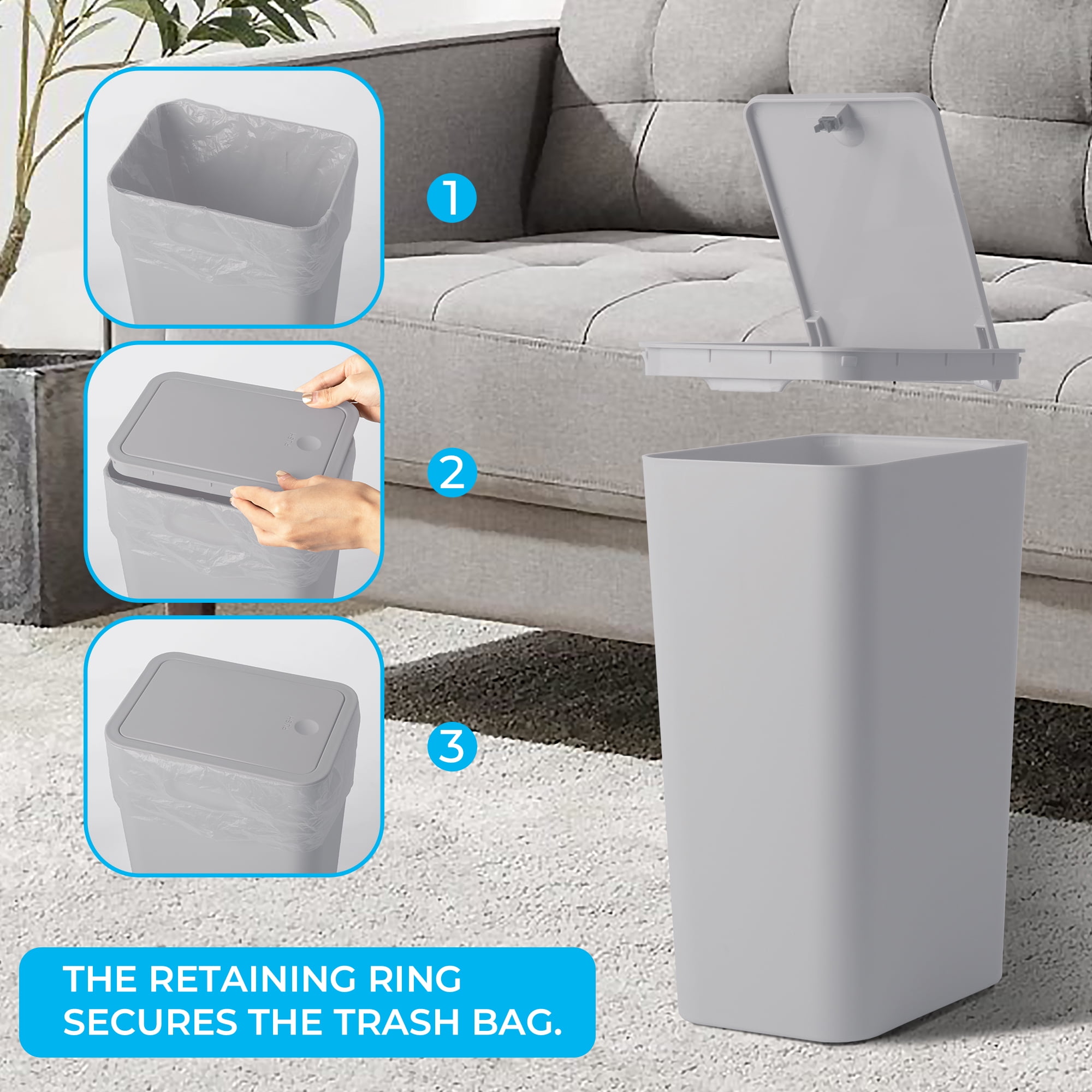 3 Pack Slim Plastic Trash Can, 2.6 Gallon Garbage Can with Press Top Lid, 10L Modern Waste Basket for Bathroom, Black White Gray