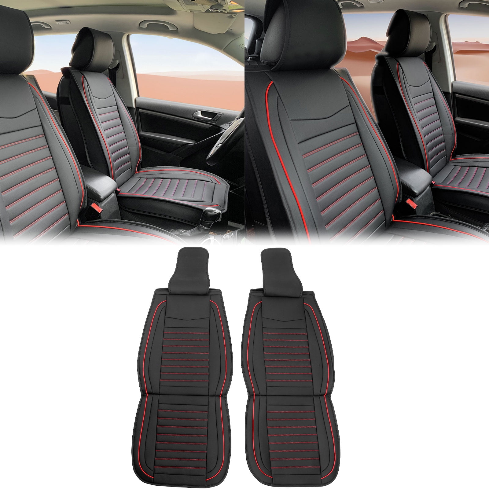 Ikon Motorsports Universal Front Car Seat Covers 02 Style Black + Red Stitching PU Leather First Row Auto Seat Cover Cushion Protectors Set