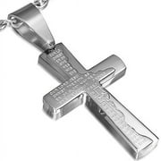 Stainless Steel Silver-Tone Cross Prayer in English Pendant Necklace