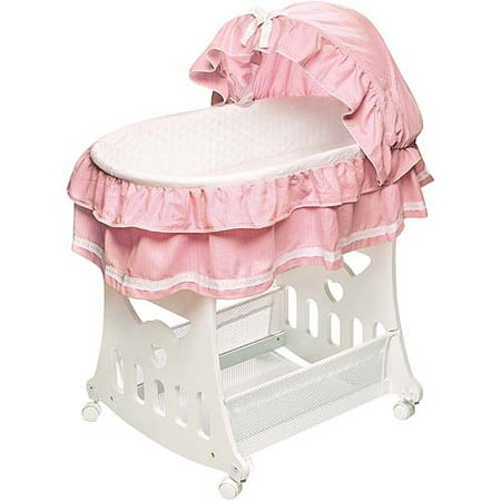 Badger Basket Portable Bassinet & Cradle with Toy Box Base, Pink Waffle Ruffled