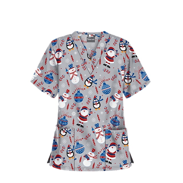 xiaxaixu Femmes Noël Col en V Manches Courtes Hauts Blouses d'Uniforme de Travail pour Infirmières