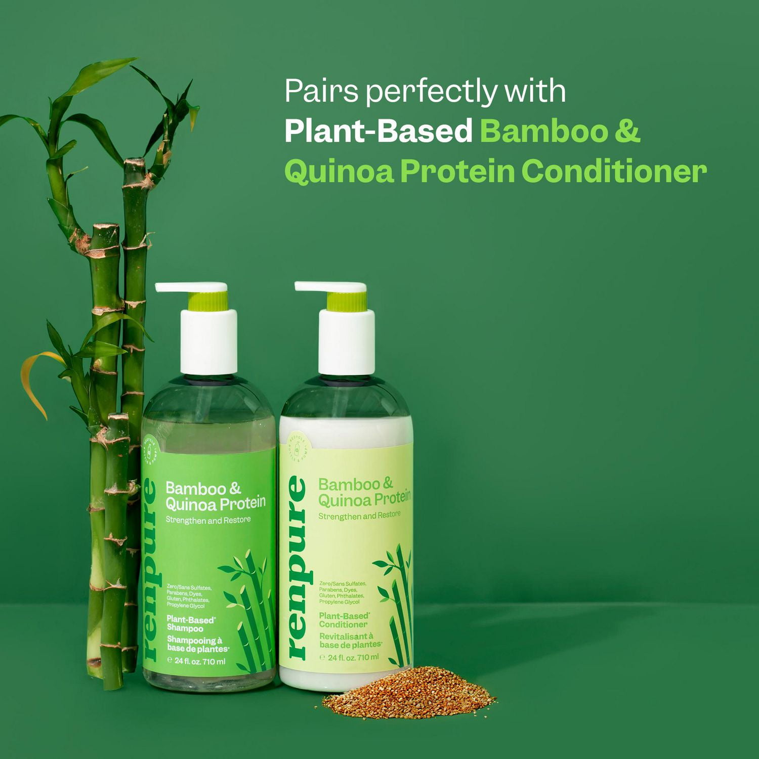 Renpure Bamboo & Quinoa Shampoo, Plant-Based –  Restores, Hydrates & Strengthens For Healthier Hair – For Weak, Dull & Damaged Hair– 24 Fl Oz