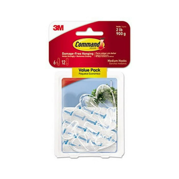 Clear Hooks and Strips Plastic, Medium, 6 Hooks and 12 Strips/Pack