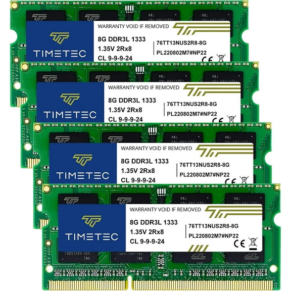 Timetec 32GB Kit (4x8GB) DDR3 Laptop RAM Memory, 1333MHz PC3-10600, SODIMM 204-Pin, Non-ECC Unbuffered, 1.5V/1.35V CL9, Dual Rank 2Rx8
