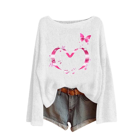 Chandail pour Femmes à Manches Longues, Imprimé pour la Journée de Sensibilisation au Cancer du Sein, Col Rond, Chandail Mode, Haut Tricoté, Chandails pour Femmes