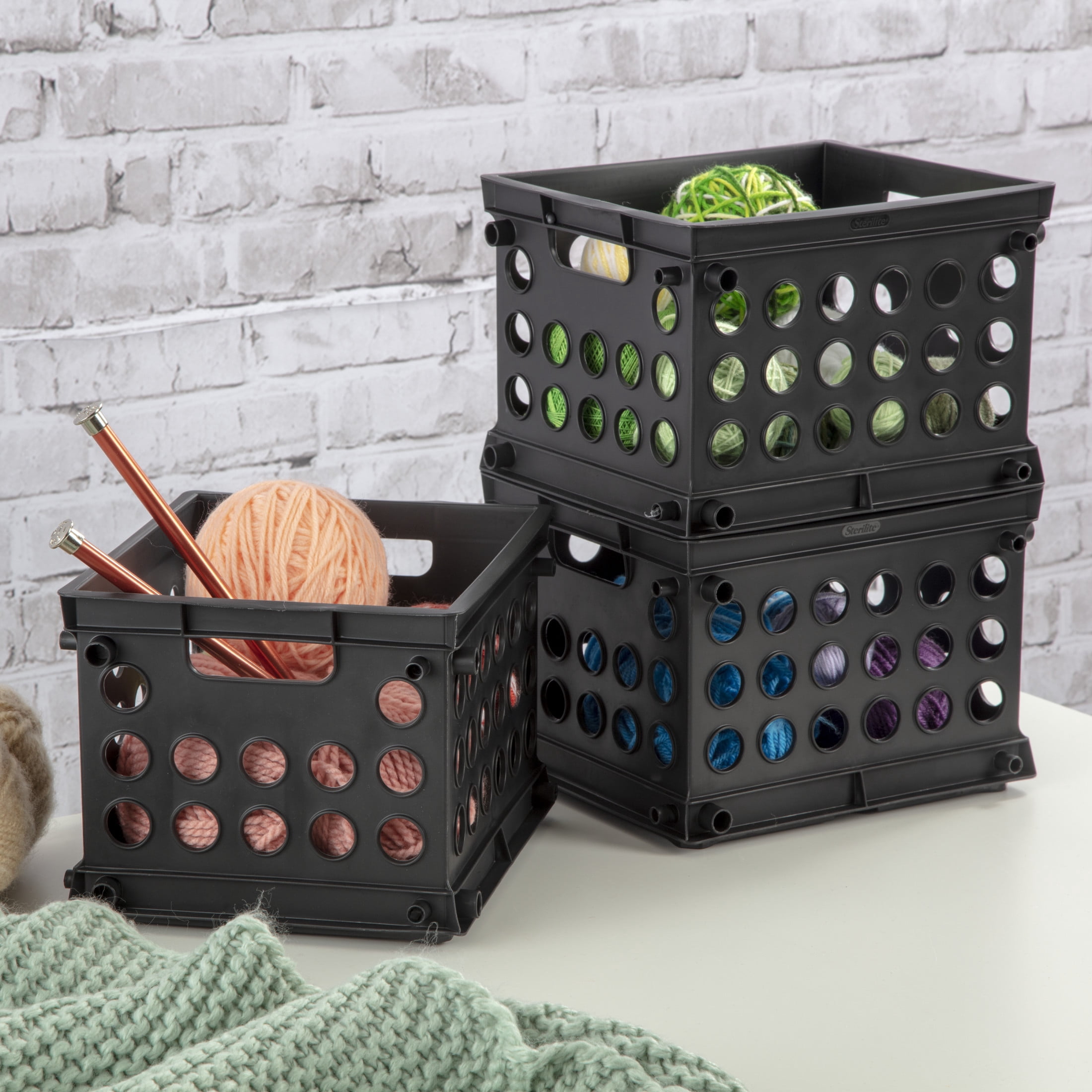 Sterilite Mini Crate, Multi-Purpose Plastic Storage Bin with Through Handles, Stackable, Black