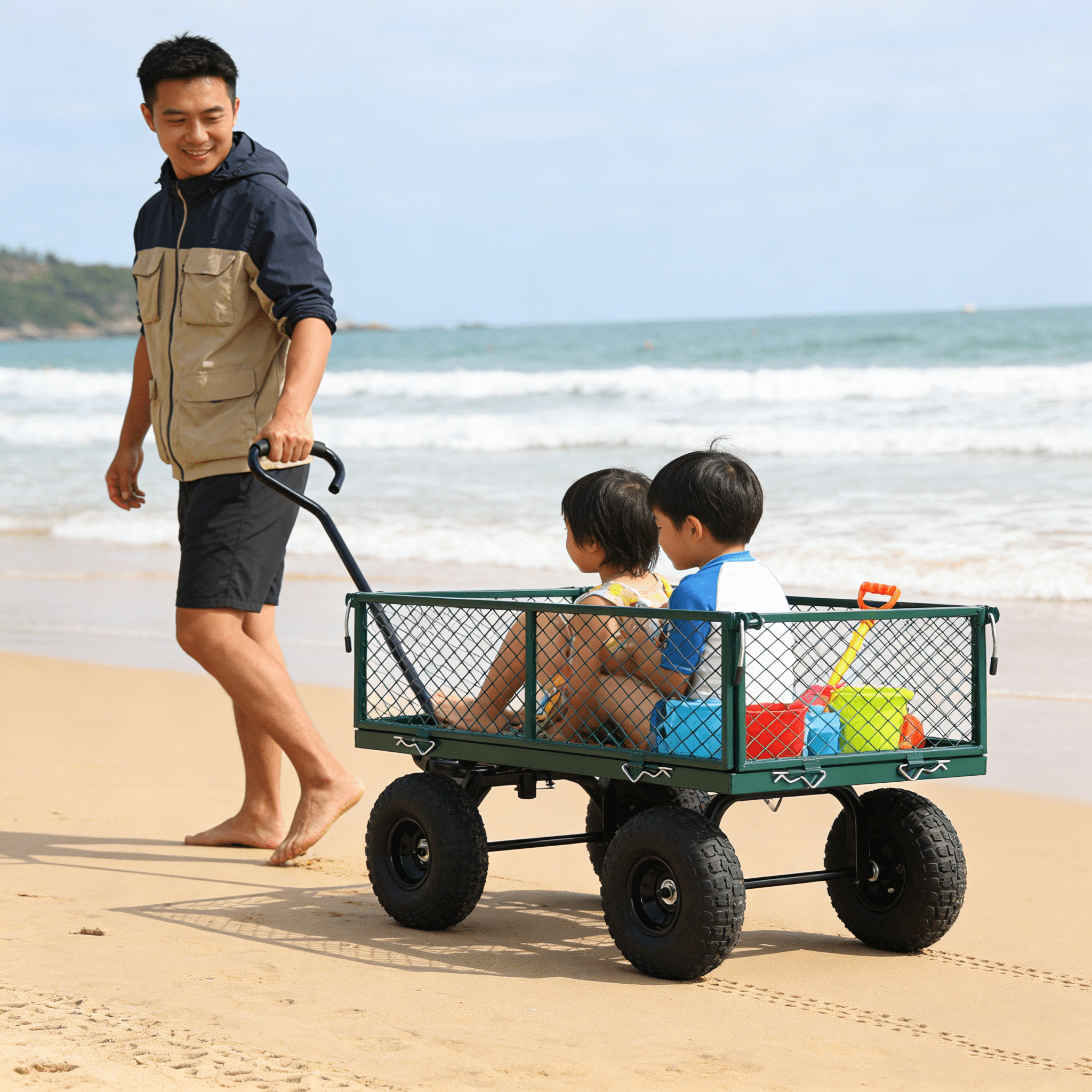 550lbs Foldable Garden Wagon Cart, Green Utility Truck with 10" Pneumatic Tires, 4-Side Removable Mesh & 180° Rotating Handle, Heavy-Duty Steel Frame for Firewood Plants Soil Transport