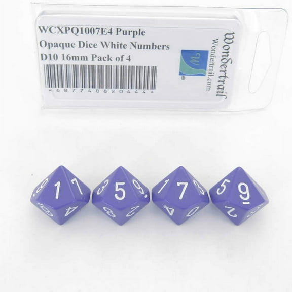 Purple Opaque Dice with White Numbers D10 Aprox 16mm (5/8in) Pack of 4 Wondertrail