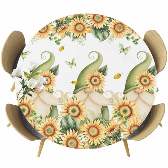Sunflower Round Tablecloth, Fitted Table Cover with Elastic for 45"-54" Round Tables, Gnomes Butterfly Leaf Butterfly Pastoral Table Cloth Outdoor Indoor Dinning Party Waterproof Tablecloths