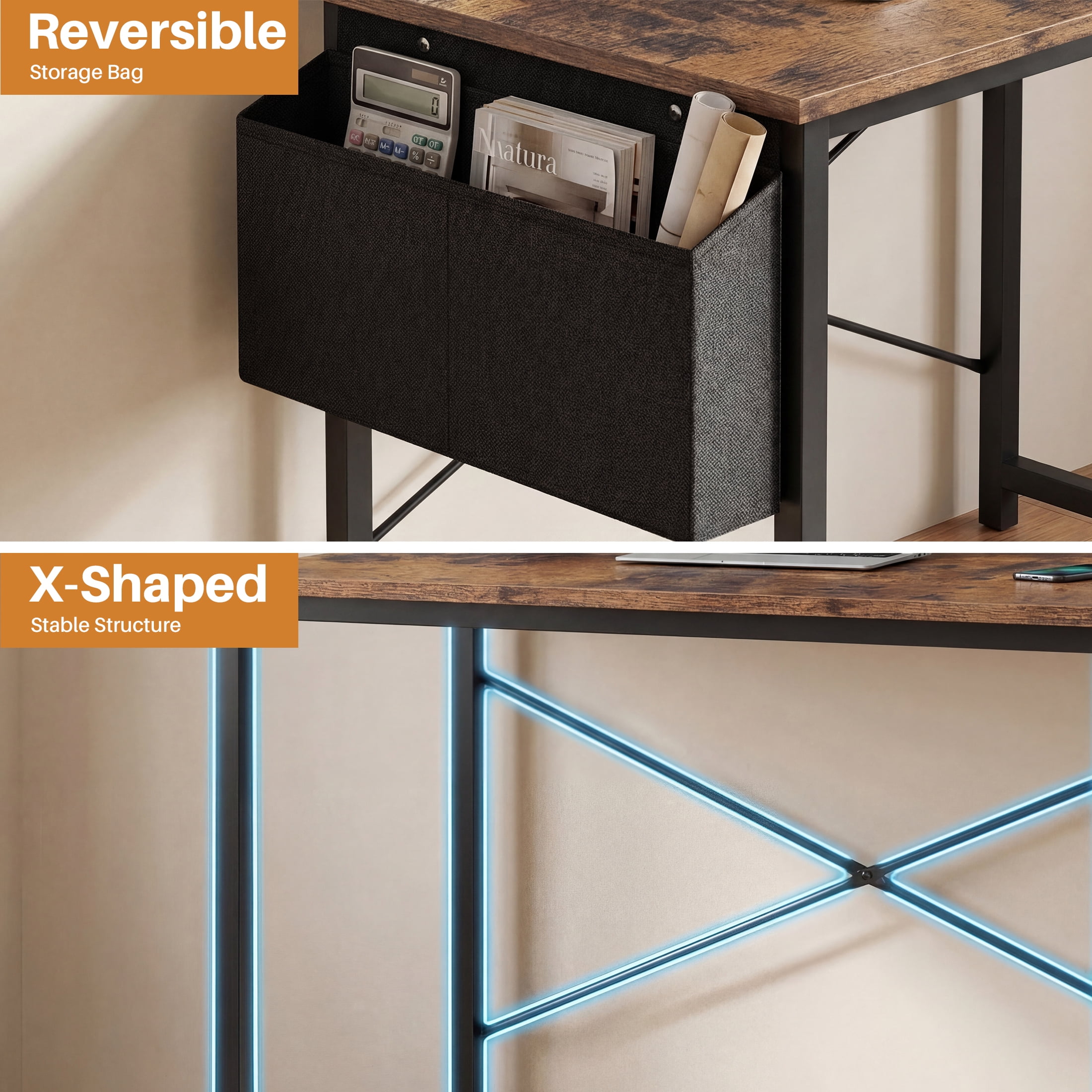 edx 44" Home Office Desk for Small Spaces, Computer Desk with Storage Bag & Hook, Modern Simple Style Study Writing Table for Bedroom, Rustic Brown