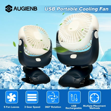 AUGIENB 360° Mini Portable Fan USB Rechargeable Battery Desk Fan Electric Summer Cooling Fan w/5 Fan Leaves, 3 Gear Speed for Car Baby Stroller