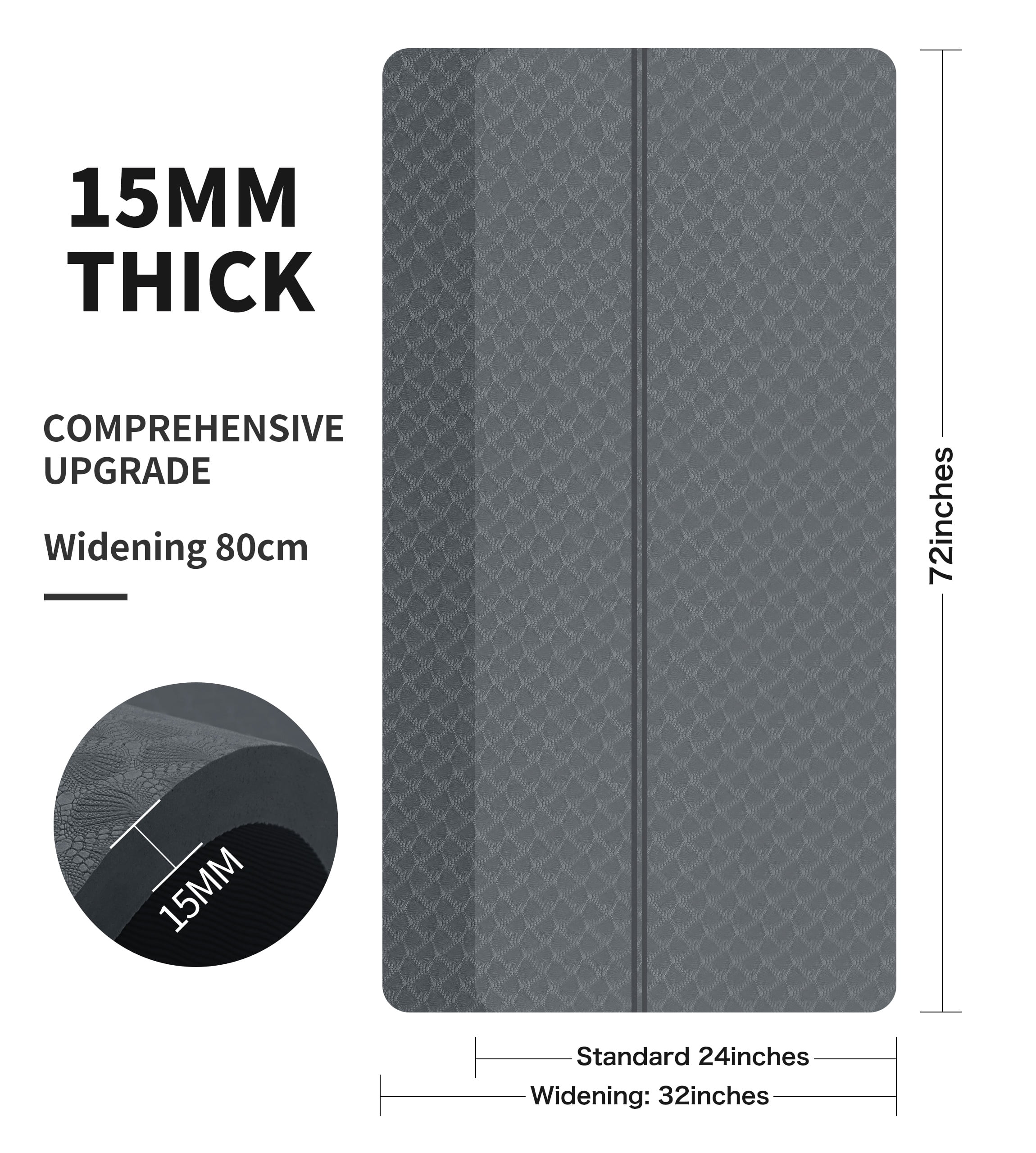 Extra Thickened 15mm Exercise Mat (72" x 32") for Men & Women Non Slip with High Density Large Shock Absorber Pad for Home Gym Travel & Floor Outside Fitness in Grey