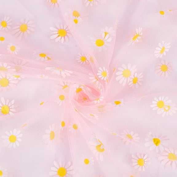 4 yards Daisy Flower Print Fabric 59inch Wide Pink Polyester Tulle Lace Ribbon for Wedding Dress Skirt DIY Sewing Decorations Craft Supplies 0.2mm Thick Pink