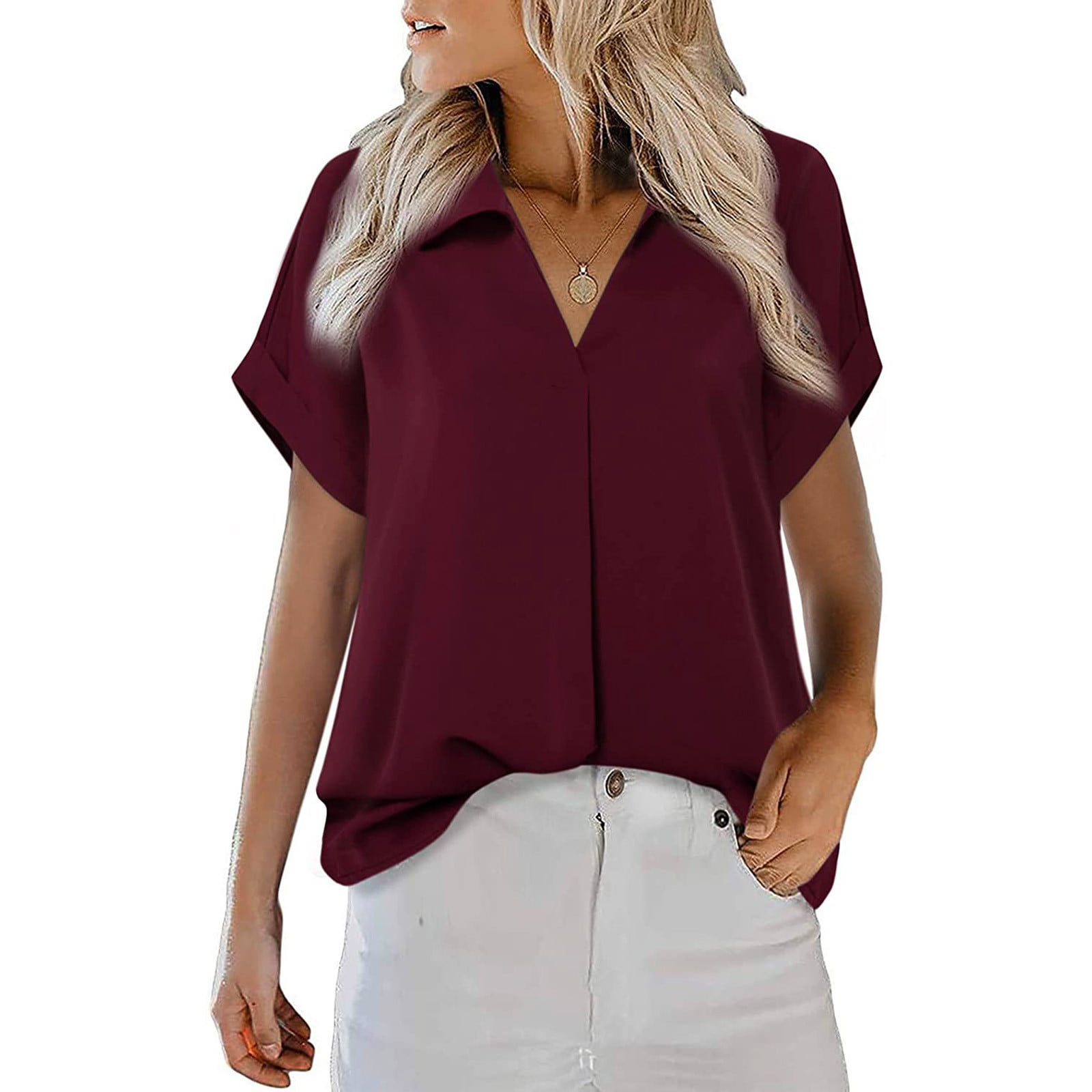 Zpanxa Womens Summer Tops Clearance V- Neck Solid Color Short Sleeve Lapel  Tops Womens Workout Tops Shirts Wine L 