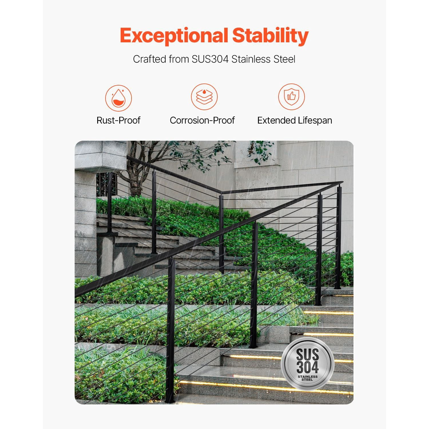 30° Hole Cable Railing Post 43"/36", SUS304 Stainless Steel, 3" Spacing, for 25-35° Stairs Deck Balcony Railing