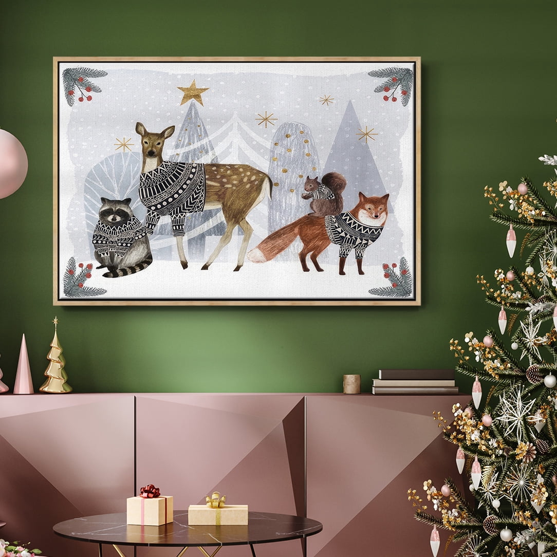 Cozy Christmas Collection A - Framed Gallery Wrapped Holiday Canvas - 27 x 41 - Natural Wood Frame