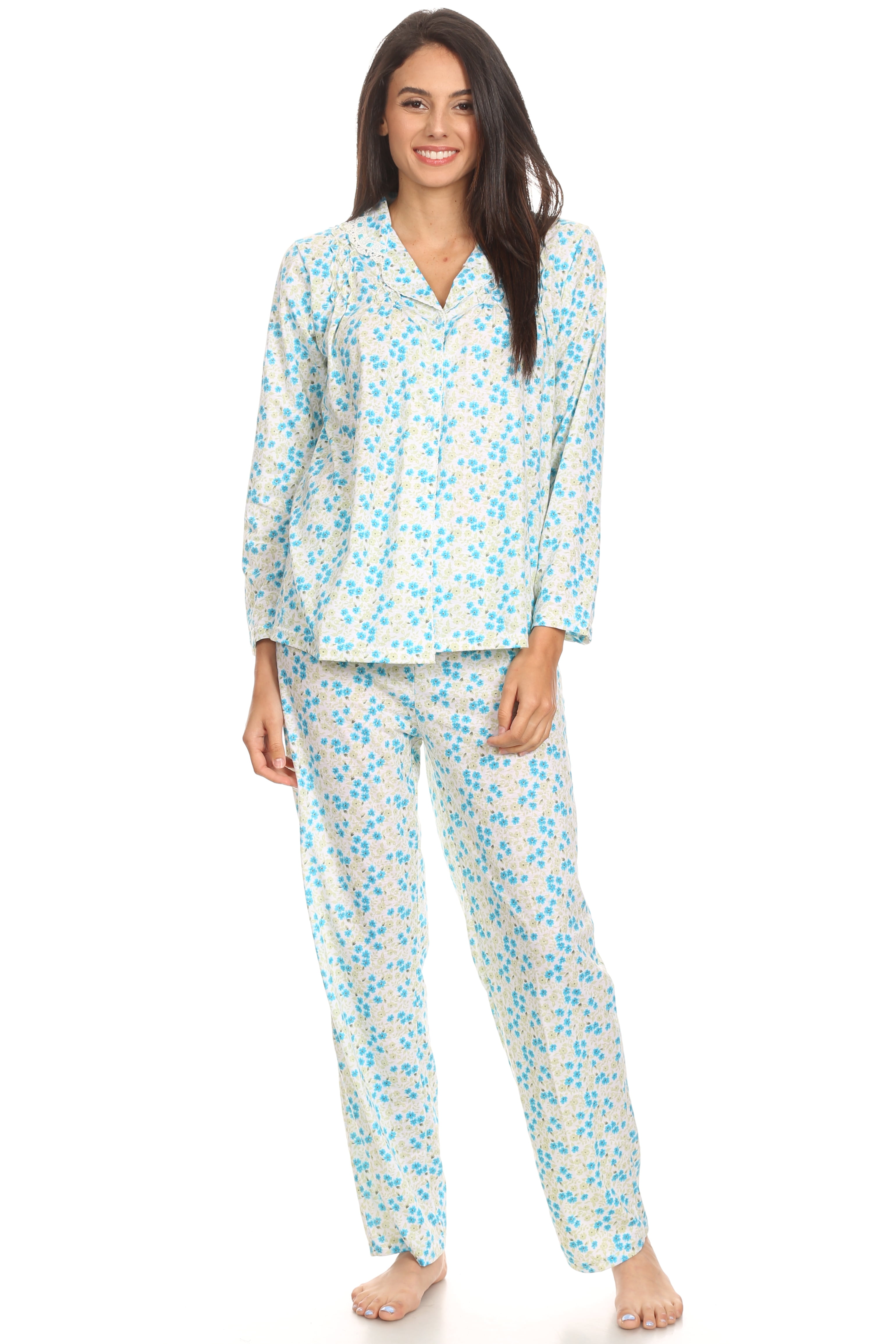 2124 Womens Sleepwear Pajamas Woman Long Sleeve Button Down set Green ...