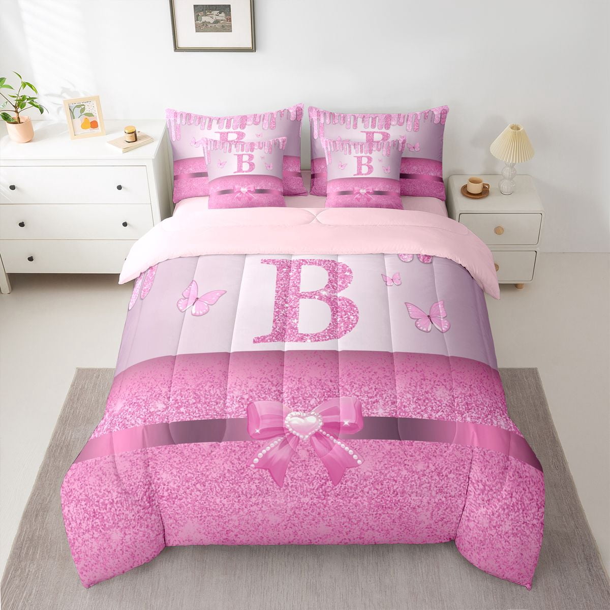 Manfei Letter Monogrammed B 7-Piece Bedding Comforter Set for Kids Children Girls,Dreamy Princess King Bedding Sets,Cute Butterfly Bowknot Ultra Soft Bed Sheets,Bling Glitter Bedroom Decor