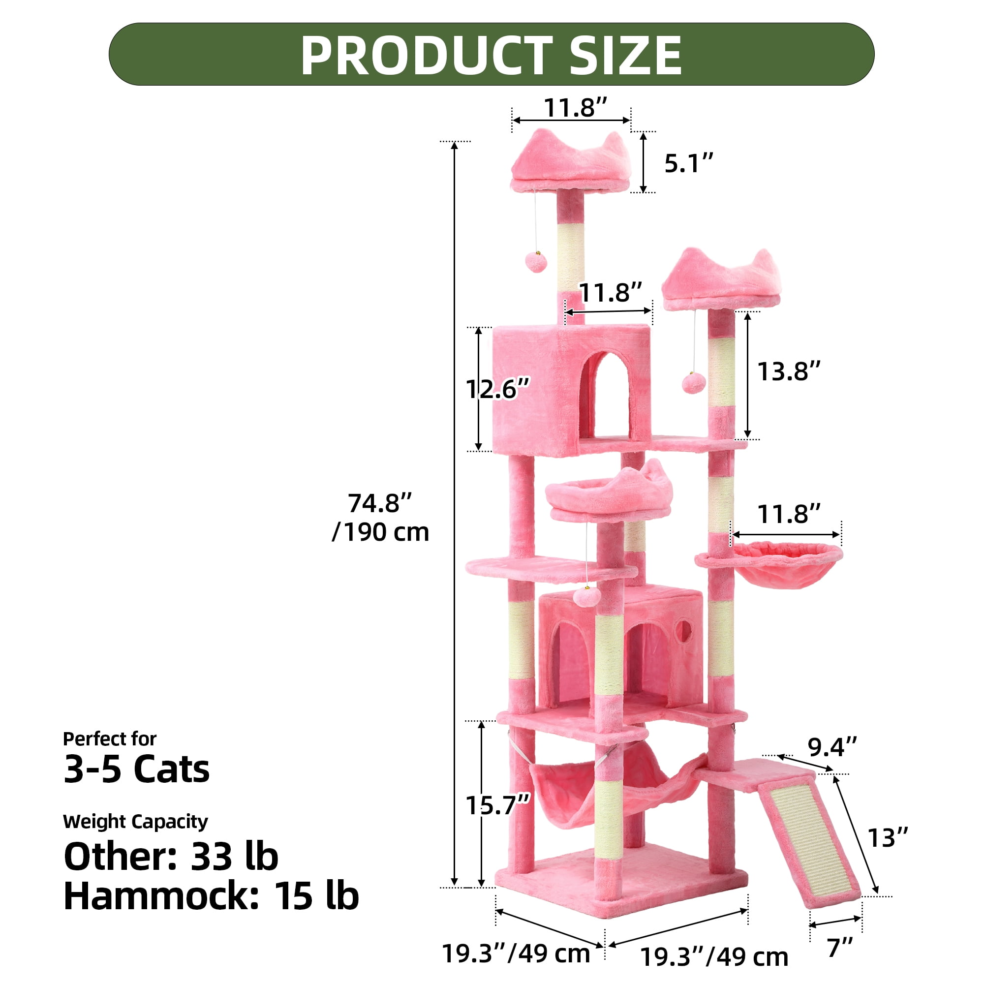Uforic 75" Tall Cat Tree, Multi-Level Cat Tower with Condos, Hammocks, Scratching Posts, Pink