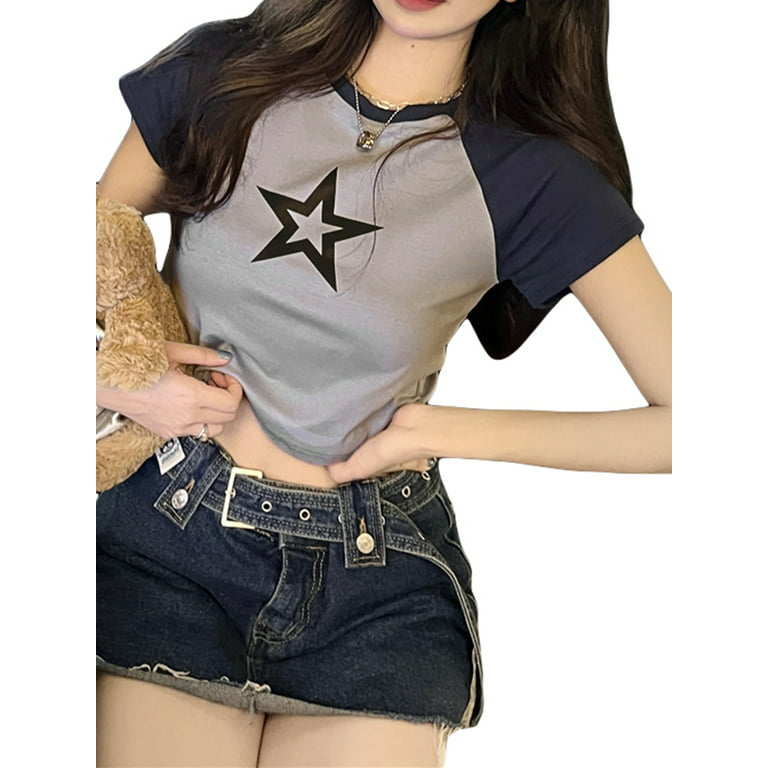 Erllegraly Girls Women Cute Crop Top Y2K Short Sleeve Pattern Print Skinny  Bodycon Short Tee Summer T-Shirt - ShopStyle