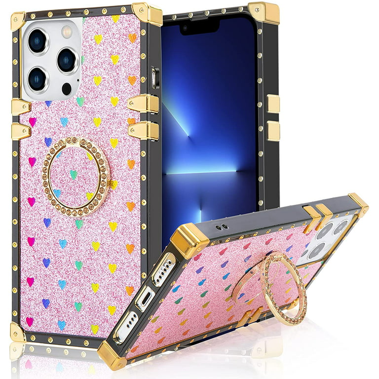 KIQ Square TPU Series For Cute iPhone 13 Pro Max Case For Women Girls  Compatible Apple iPhone 6.7 inch 2021 (Sparkle Hot Pink Hearts) 